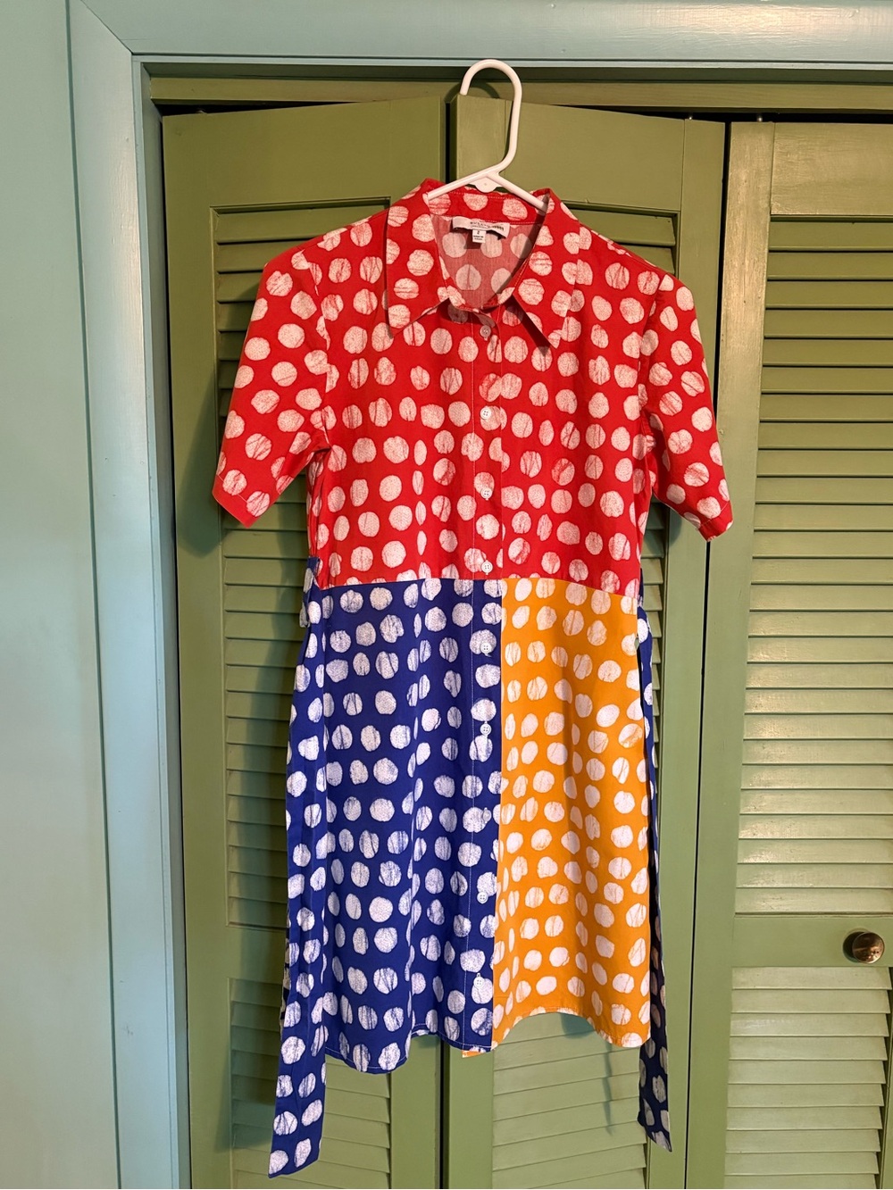 Busayo Collective Bright Colorblock Polka Dot Shirt Dress in Red, Blue & Yellow
